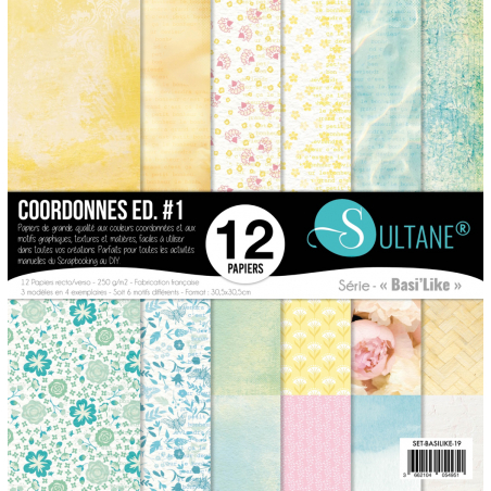 Set 12 papiers scrapbooking - Coordonnés printemps - 250g/m2