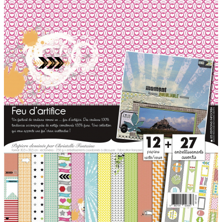 Juego de 12 papeles - Fuegos artificiales - 30,5x30,5 cm